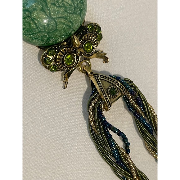 00665 Gold Tone Owl Boho Pendant Necklace Green Stone Beaded Chain Jewelry NWOT - Picture 7 of 7